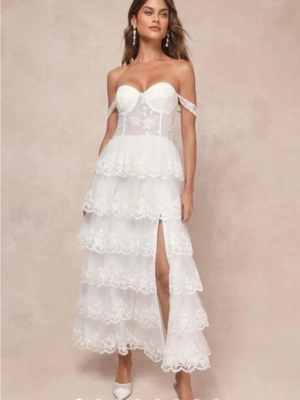 Lulu's White Off-Shoulder Lace Tiered Midi Dress